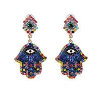 Boucles d'oreilles pendantes en cristal - Main de Fatma - Pour femmes et filles - Oxyde de zirconium coloré - Grand œil - Déclaration du mauvais œil - Légères - Style bohème - Protection porte-bonheur