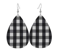 Boucles d'oreilles pendantes en cuir à carreaux noirs et blancs pour femmes, boucles d'oreilles percées, boucles d'oreilles en forme de larme, bijoux légers, cadeaux pour femmes et filles
