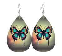 Boucles d'oreilles pendantes en cuir avec 2 papillons colorés dessinés à la main, bijoux réversibles avec crochets plaqués argent