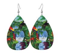Boucles d'oreilles pendantes en cuir avec ara et toucan perché des forêts tropicales américaines pour femme, boucles d'oreilles en forme de larme, bijoux légers cadeaux pour femmes et filles