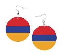 Boucles d'oreilles pendantes en cuir avec drapeau de l'Arménie - Rond - Double face - En cuir PVC - Avec crochets plaqués argent 925 - Taille unique - Argent sterling - Pierre d'or, One Size, Argent