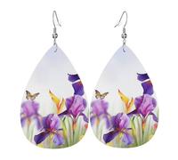 Boucles d'oreilles pendantes en cuir avec fleur d'iris et papillon pour femme - Boucles d'oreilles pendantes double face - Accessoires d'oreille légers - Bijoux tendance - Cadeau d'anniversaire