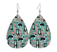 Boucles d'oreilles pendantes en cuir avec imprimé floral Border Collie pour femme - Boucles d'oreilles pendantes en forme de larme, parfaites pour les fêtes et accessoires de costume, taille unique