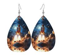 Boucles d'oreilles pendantes en cuir avec imprimé fusée dans l'espace en forme de larme pour femmes et filles, taille unique, cuir, sans pierre précieuse