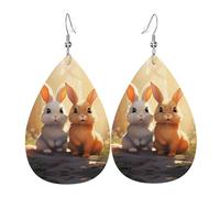 Boucles d'oreilles pendantes en cuir avec imprimé lapins mignons en forme de larme - Élégantes et légères - Pour femmes et filles - Taille unique - Cuir - Sans pierre précieuse