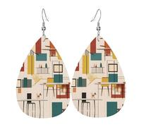 Boucles d'oreilles pendantes en cuir avec imprimé moderne du milieu du siècle en forme de larme pour femmes et filles, taille unique, cuir, sans pierre précieuse