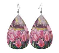 Boucles d'oreilles pendantes en cuir avec imprimé tulipes rose vif pour femme, petite amie, épouse, taille unique, Cuir