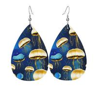 Boucles d'oreilles pendantes en cuir avec méduses bleues et dorées en forme de goutte d'eau pour fêtes de fin d'année