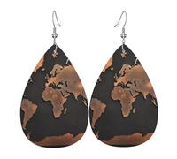 Boucles d'oreilles pendantes en cuir avec motif carte du monde rouillée pour femme - Boucles d'oreilles pendantes double face - Accessoires d'oreille légers - Bijoux tendance - Cadeau d'anniversaire