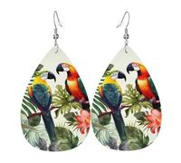 Boucles d'oreilles pendantes en cuir avec motif de toucans en forme de perroquet et feuilles de palmier pour femme - Boucles d'oreilles pendantes double face légères - Bijoux tendance - Cadeau