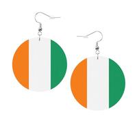 Boucles d'oreilles pendantes en cuir avec motif drapeau de la Côte d'Ivoire - Rond - Double face imprimé - Avec crochets plaqués argent 925 - Taille unique - Argent sterling - Pierre dorée, One Size