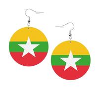Boucles d'oreilles pendantes en cuir avec motif drapeau du Myanmar - Rond - Double face imprimé en cuir PVC avec crochets plaqués argent 925, taille unique, argent sterling, pierre d'or, One Size