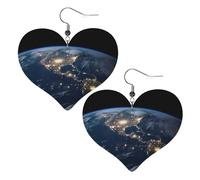 Boucles d'oreilles pendantes en cuir avec motif « Earth from the Outer Space » - Pour femme - Légères - En forme de cœur - Bijoux tendance - Cadeau de Saint-Valentin ou d'anniversaire
