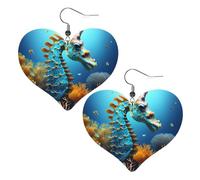 Boucles d'oreilles pendantes en cuir avec motif hippocampe bleu en forme de cœur élégant et léger pour femmes et filles, taille unique, cuir, sans pierre précieuse