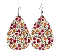 Boucles d'oreilles pendantes en cuir avec motif larmes - Fond blanc avec fleurs rouges - Pour Noël, Halloween, femme - Cadeau de fête - Pendentifs pour femmes et amis - Mariage