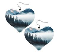 Boucles d'oreilles pendantes en cuir avec motif paysage de montagnes brumeuses pour femme, boucles d'oreilles pendantes légères en forme de cœur, bijoux tendance et cadeau de Saint-Valentin ou
