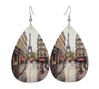 Boucles d'oreilles pendantes en cuir avec motif « Rainy Street in Paris » - Pour femme - Double face - Légères - Accessoires d'oreilles tendance - Cadeau d'anniversaire