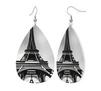 Boucles d'oreilles pendantes en cuir avec motif Tour Eiffel de Paris pour femme Noir