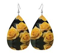 Boucles d'oreilles pendantes en cuir avec motifs roses jaunes en forme de larme - Élégantes et légères - Pour femmes et filles - Taille unique - Cuir - Sans pierre précieuse