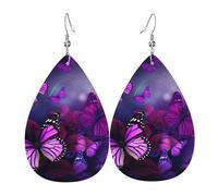 Boucles d'oreilles pendantes en cuir avec papillons violets pour femme - Boucles d'oreilles pendantes double face - Accessoires d'oreille légers - Bijoux tendance - Cadeau d'anniversaire