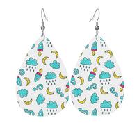 Boucles d'oreilles pendantes en cuir avec pendentif en forme de larmes - Fusée de lune et nuage - Coloré - Noël - Halloween - Cadeau de fête - Pour femme - Amis - Mariage