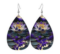 Boucles d'oreilles pendantes en cuir avec pendentif en forme de larmes - Motif feuille de lotus bleue - Lune - Noël - Halloween - Cadeau de fête - Pour femme ou amie - Mariage