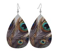Boucles d'oreilles pendantes en cuir avec plumes de paon pour femme - Boucles d'oreilles pendantes double face - Accessoires d'oreille légers - Bijoux tendance - Cadeau d'anniversaire
