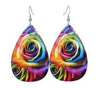 Boucles d'oreilles pendantes en cuir avec rose arc-en-ciel pour femme - Boucles d'oreilles pendantes double face - Accessoires d'oreille légers - Bijoux tendance - Cadeau d'anniversaire