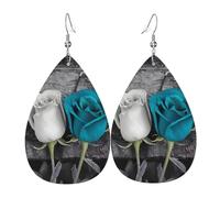 Boucles d'oreilles pendantes en cuir avec rose gris sarcelle pour femme - Boucles d'oreilles pendantes double face - Accessoires d'oreille légers - Bijoux tendance - Cadeau d'anniversaire
