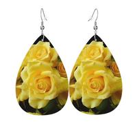 Boucles d'oreilles pendantes en cuir avec rose jaune pour femme - Boucles d'oreilles pendantes double face - Accessoires d'oreille légers - Bijoux tendance - Cadeau d'anniversaire
