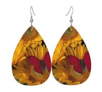 Boucles d'oreilles pendantes en cuir avec tournesols jaunes et papillons rouges en forme de larme - Élégantes et légères - Pour femmes et filles - Taille unique - Cuir, sans pierre précieuse