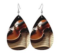 Boucles d'oreilles pendantes en cuir avec violon et livre pour femme - En forme de goutte d'eau - Double face - Légères - Accessoires d'oreille - Bijoux tendance - Cadeau d'anniversaire