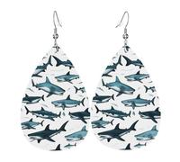 Boucles d'oreilles pendantes en cuir en forme de larme pour femme, motif requin avec différents gestes imprimés, boucles d'oreilles pendantes légères en cuir, cadeau tendance, One Size, Cuir, Pas de