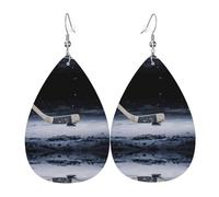 Boucles d'oreilles pendantes en cuir imprimé bâton de hockey pour femme - Boucles d'oreilles pendantes en forme de larme, parfaites pour les fêtes et accessoires de costume, taille unique, cuir, sans