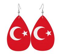 Boucles d'oreilles pendantes en cuir imprimé drapeau de la Turquie - Bijou réversible avec crochets plaqués argent