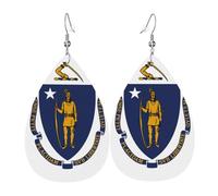 Boucles d'oreilles pendantes en cuir imprimé drapeau de l'État du Massachusetts - Bijoux réversibles avec crochets plaqués argent