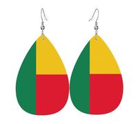 Boucles d'oreilles pendantes en cuir imprimé drapeau du Bénin en forme de larme, légères et douces.