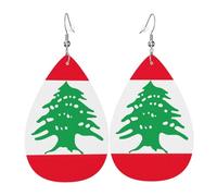 Boucles d'oreilles pendantes en cuir imprimé drapeau du Liban réversibles avec crochets plaqués argent
