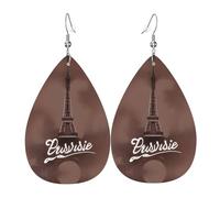 Boucles d'oreilles pendantes en cuir imprimé Tour Eiffel Parisien Café Réversible avec crochets plaqués argent
