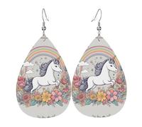 Boucles d'oreilles pendantes en cuir imprimées arc-en-ciel et licornes, style goutte d'eau, polyvalentes et élégantes pour le quotidien.
