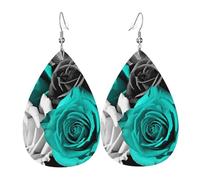 Boucles d'oreilles pendantes en cuir noir blanc bleu sarcelle gris sarcelle pour femme - Boucles d'oreilles pendantes double face - Accessoires d'oreilles légères pour femme - Bijoux tendance - Cadeau