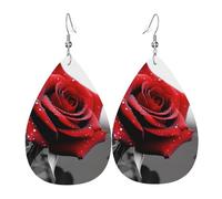 Boucles d'oreilles pendantes en cuir noir et blanc avec rose rouge pour femme - Boucles d'oreilles pendantes double face - Accessoires d'oreille légers - Bijoux tendance - Cadeau d'anniversaire