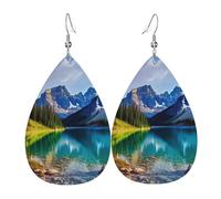 Boucles d'oreilles pendantes en cuir pour femme - Légères et uniques - Motif paysage de lac et de montagne - Bijoux tendance - Cadeau de Saint-Valentin ou d'anniversaire