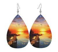 Boucles d'oreilles pendantes en cuir pour femme - Motif coucher de soleil - Double face - Légères - Accessoires d'oreilles tendance - Cadeau d'anniversaire