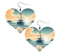 Boucles d'oreilles pendantes en cuir sur le thème du paysage marin pour femme, boucles d'oreilles pendantes légères en forme de cœur, bijoux tendance et cadeau de Saint-Valentin ou d'anniversaire