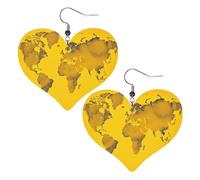 Boucles d'oreilles pendantes en cuir synthétique avec motif carte du monde jaune en forme de cœur pour femmes, mariages, fêtes, cérémonies, banquets, cadeaux