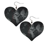 Boucles d'oreilles pendantes en cuir synthétique avec motif carte du monde noir en forme de cœur pour femmes, mariages, fêtes, cérémonies, banquets, cadeaux