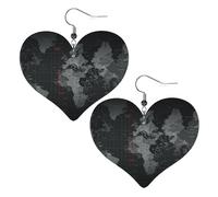 Boucles d'oreilles pendantes en cuir synthétique avec motif carte du monde noir en forme de cœur pour femmes, mariages, fêtes, cérémonies, banquets, cadeaux