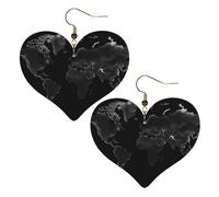 Boucles d'oreilles pendantes en cuir synthétique avec motif carte du monde noir en forme de cœur pour femmes, mariages, fêtes, cérémonies, banquets, cadeaux