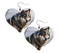Boucles d'oreilles pendantes en cuir synthétique avec motif loup debout dans une zone couverte de neige en forme de cœur pour femmes, mariages, fêtes, cérémonies, banquets, cadeaux